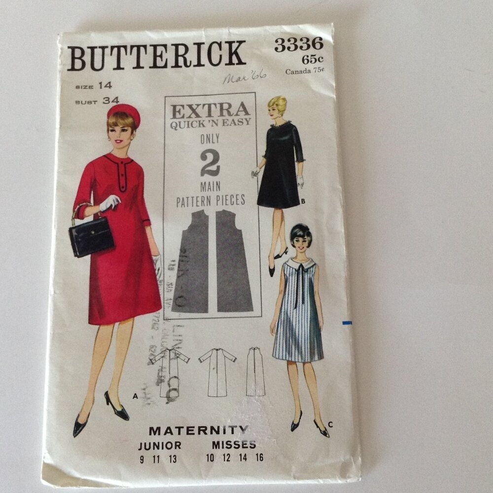 Vintage 1966 Butterick Sewing Pattern #3336 One-Piece Maternity Dresses Size 14